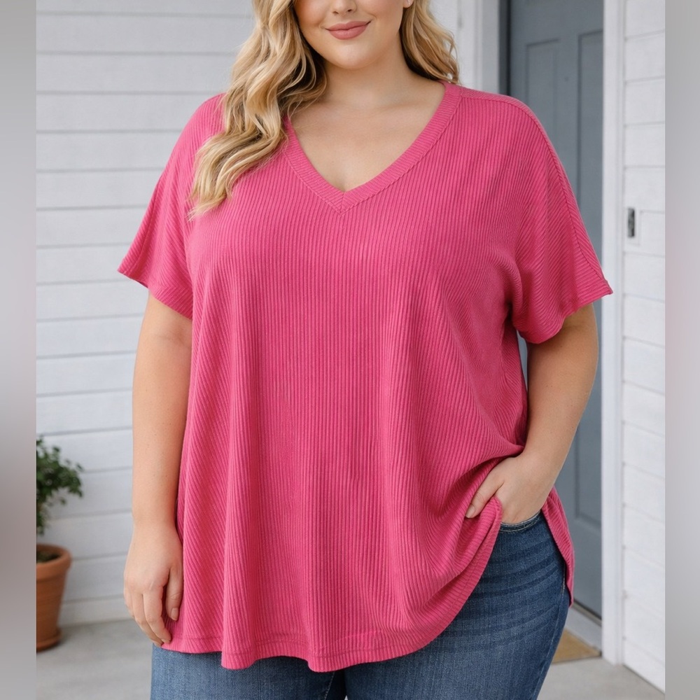 Zenana Outfitters Pink Ribbed V-Neck Tee
